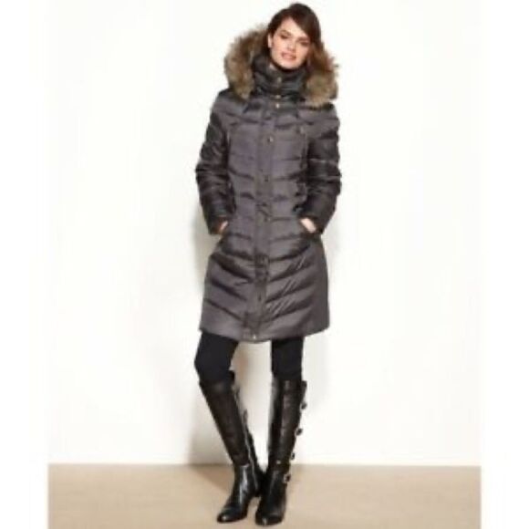 Michael Kors Faux Fur Trim Down Gunmetal Coat XS - Picture 1 of 9